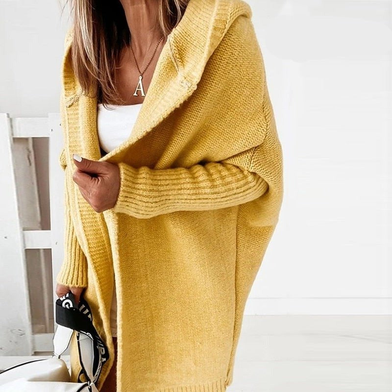 Lange Strickjacke für Damen | Mit Kapuze