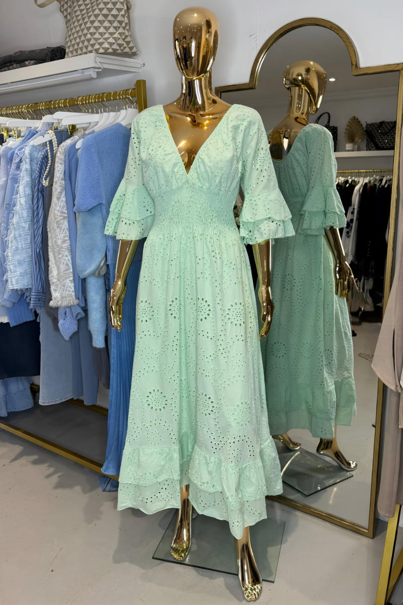 Damen Maxikleid | V-Ausschnitt mit Volantärmeln und Stufensaum