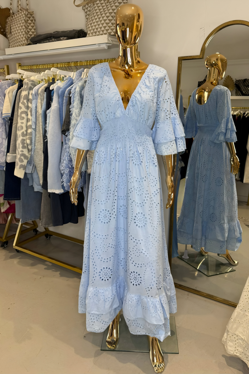 Damen Maxikleid | V-Ausschnitt mit Volantärmeln und Stufensaum
