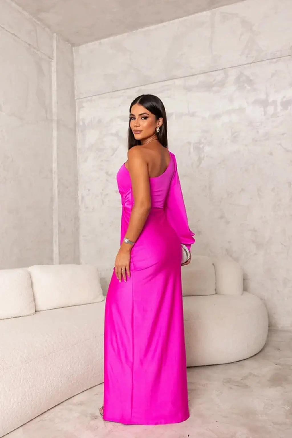 Damen Maxikleid | One-Shoulder mit Drapierung und Schlitz