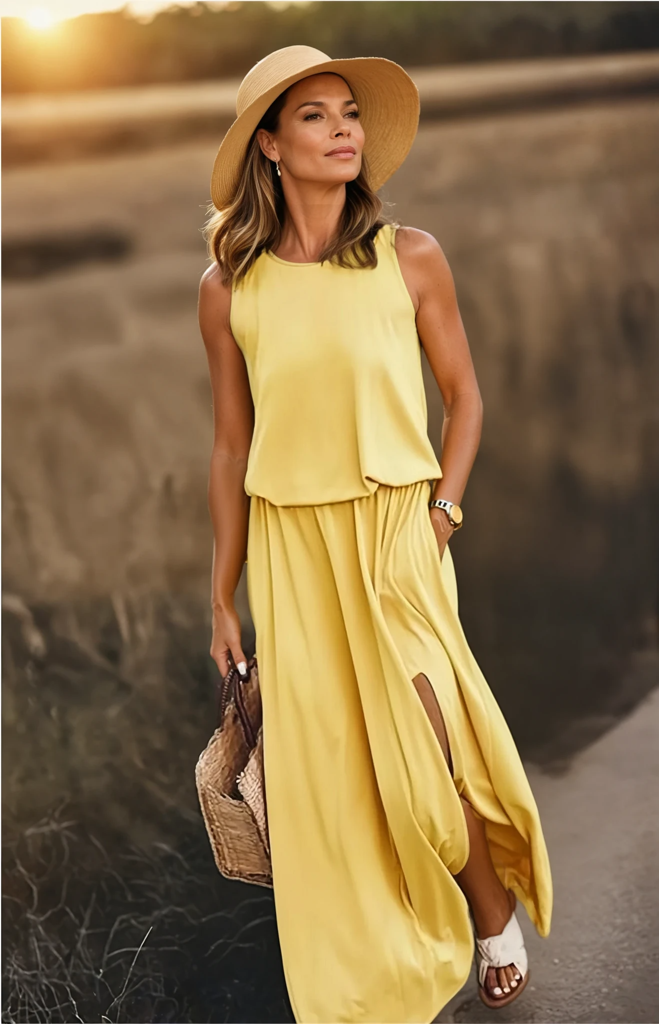 Damen Maxikleid | Rundhalsausschnitt mit seitlichem Schlitz