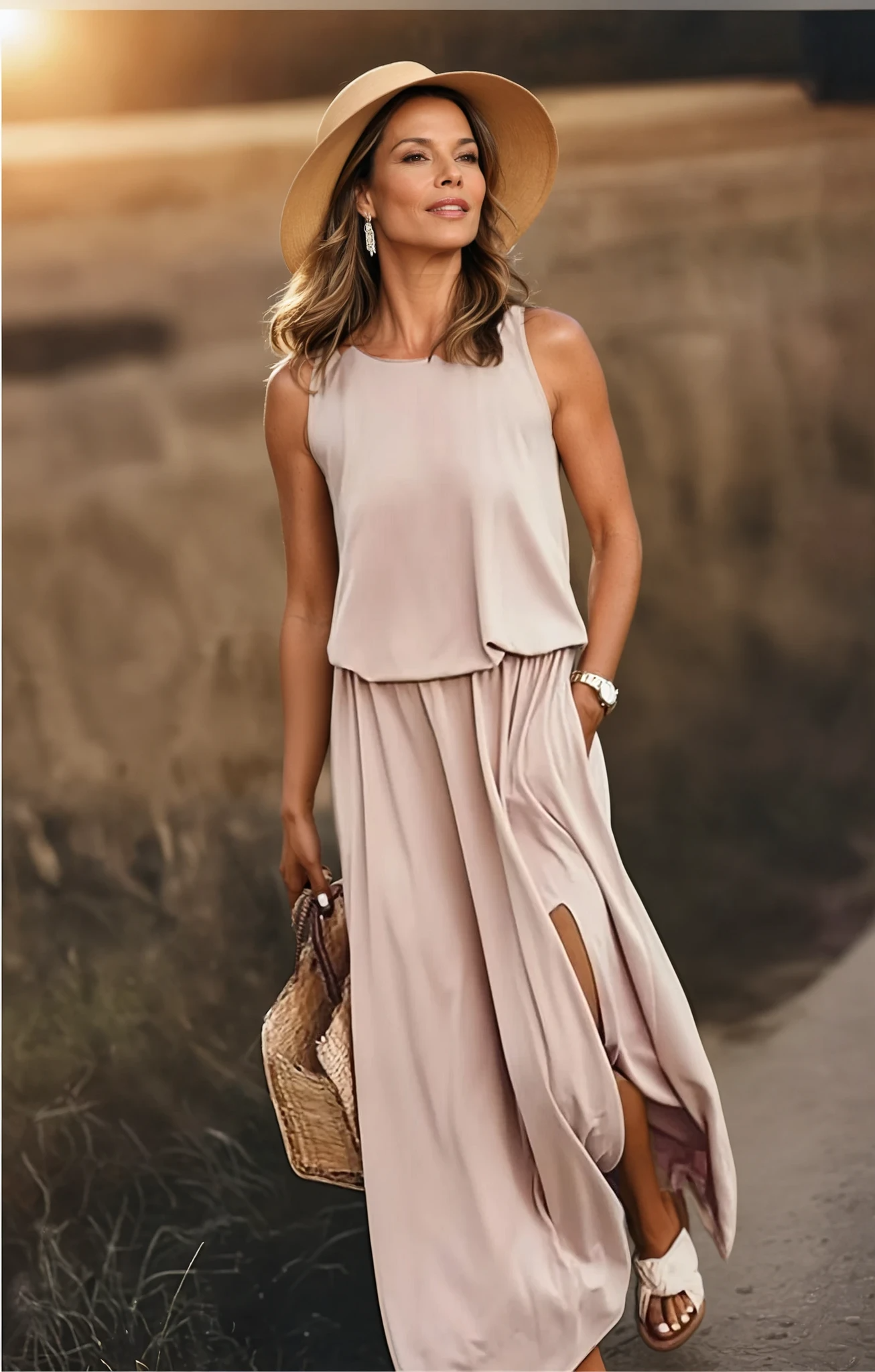 Damen Maxikleid | Rundhalsausschnitt mit seitlichem Schlitz