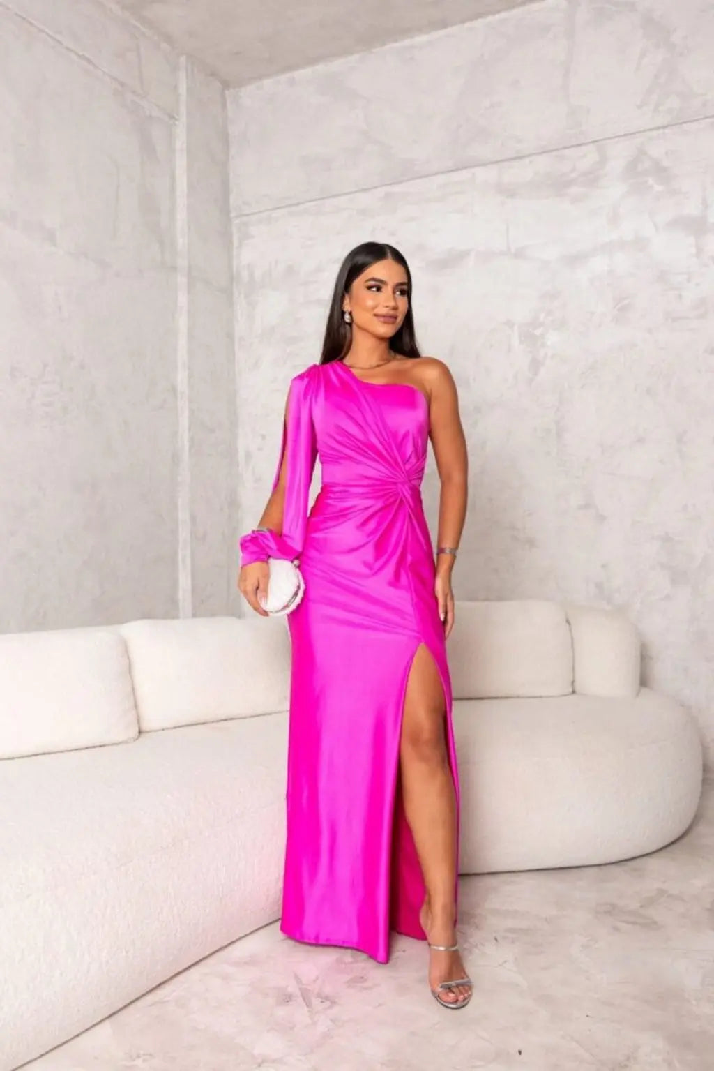 Damen Maxikleid | One-Shoulder mit Drapierung und Schlitz