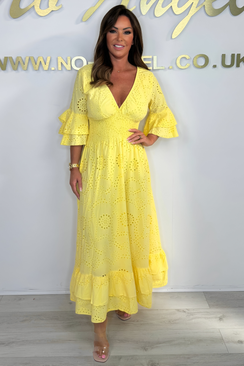 Damen Maxikleid | V-Ausschnitt mit Volantärmeln und Stufensaum