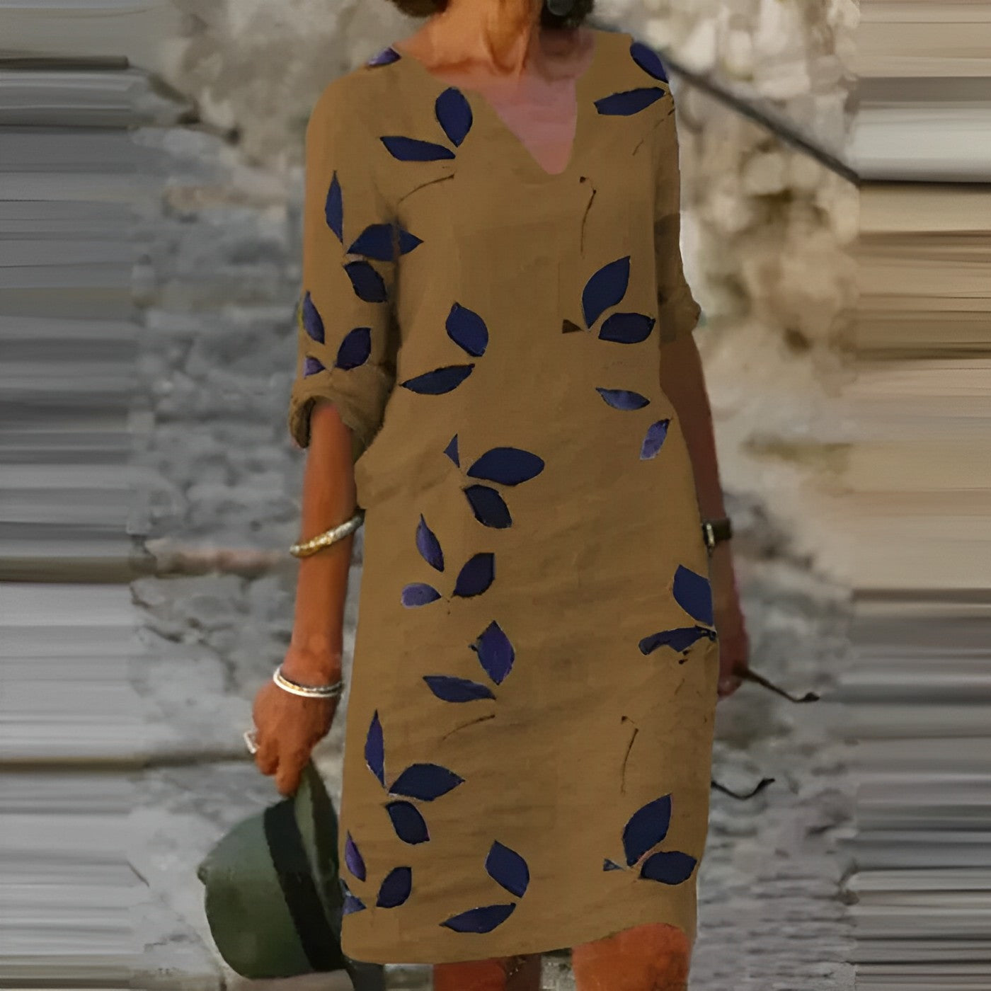 Damen Midikleid | V-Ausschnitt mit Blattdruck