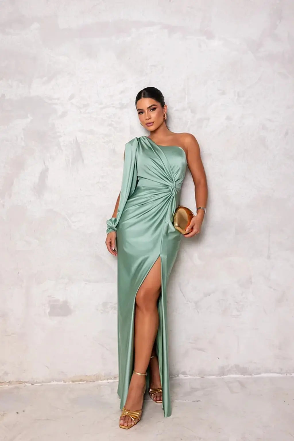Damen Maxikleid | One-Shoulder mit Drapierung und Schlitz