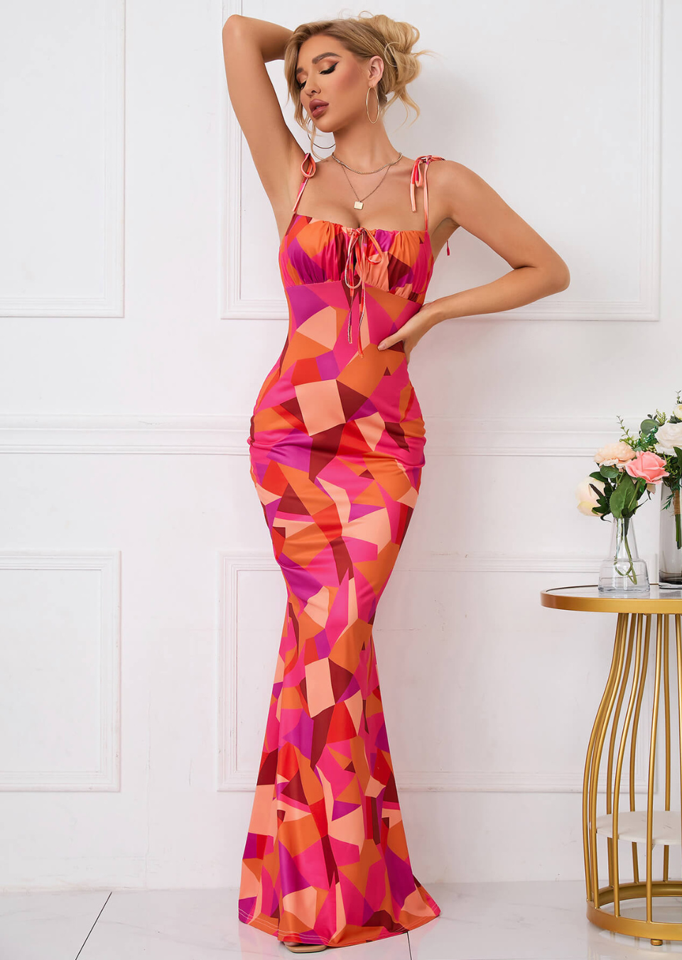 Kleid Damen | Maxikleid mit schmalen Trägern und Muster
