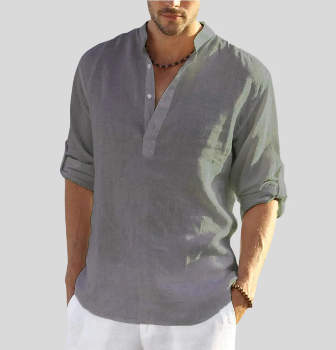 Hemd Herren | Langarmshirt mit Stehkragen und V-Ausschnitt