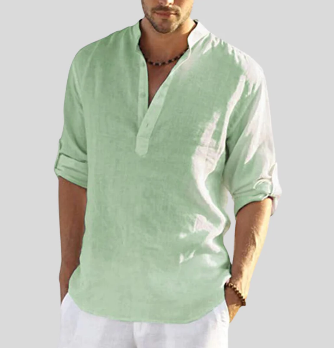 Hemd Herren | Langarmshirt mit Stehkragen und V-Ausschnitt