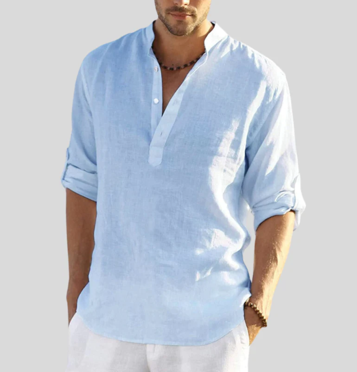 Hemd Herren | Langarmshirt mit Stehkragen und V-Ausschnitt