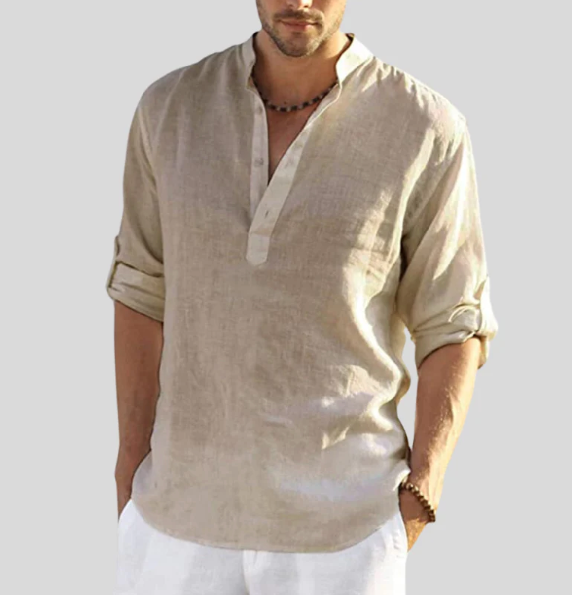 Hemd Herren | Langarmshirt mit Stehkragen und V-Ausschnitt