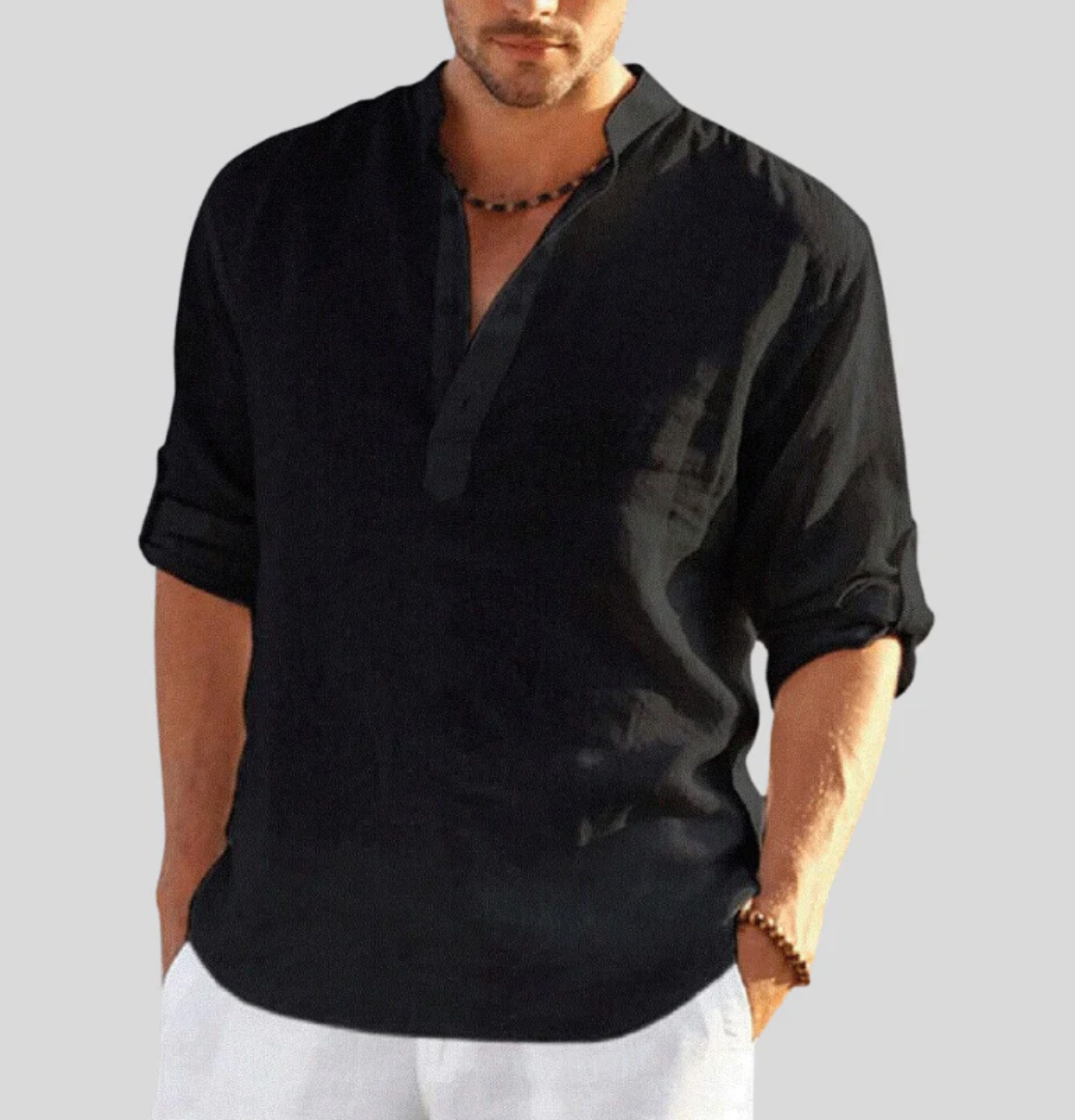 Hemd Herren | Langarmshirt mit Stehkragen und V-Ausschnitt