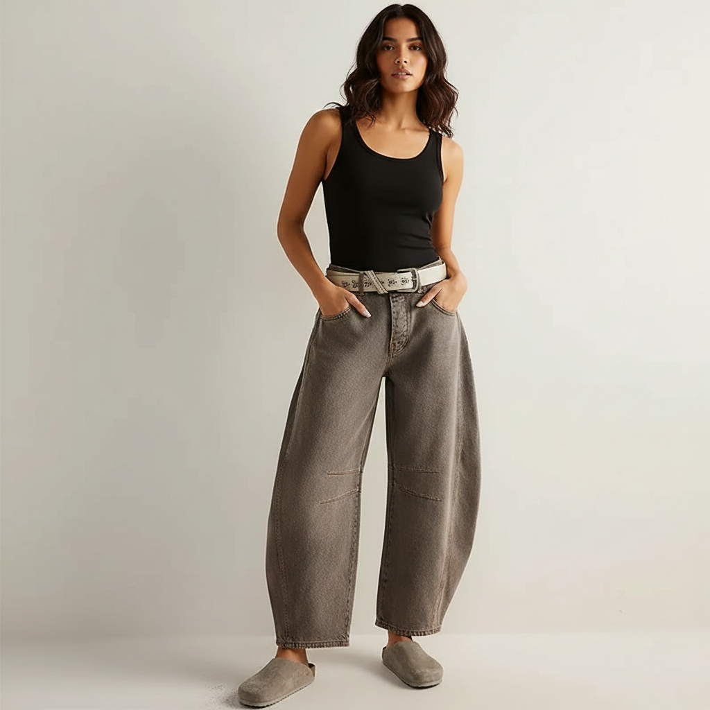 Damen Jeans | weiter Beinverlauf mit Bund und Taschen