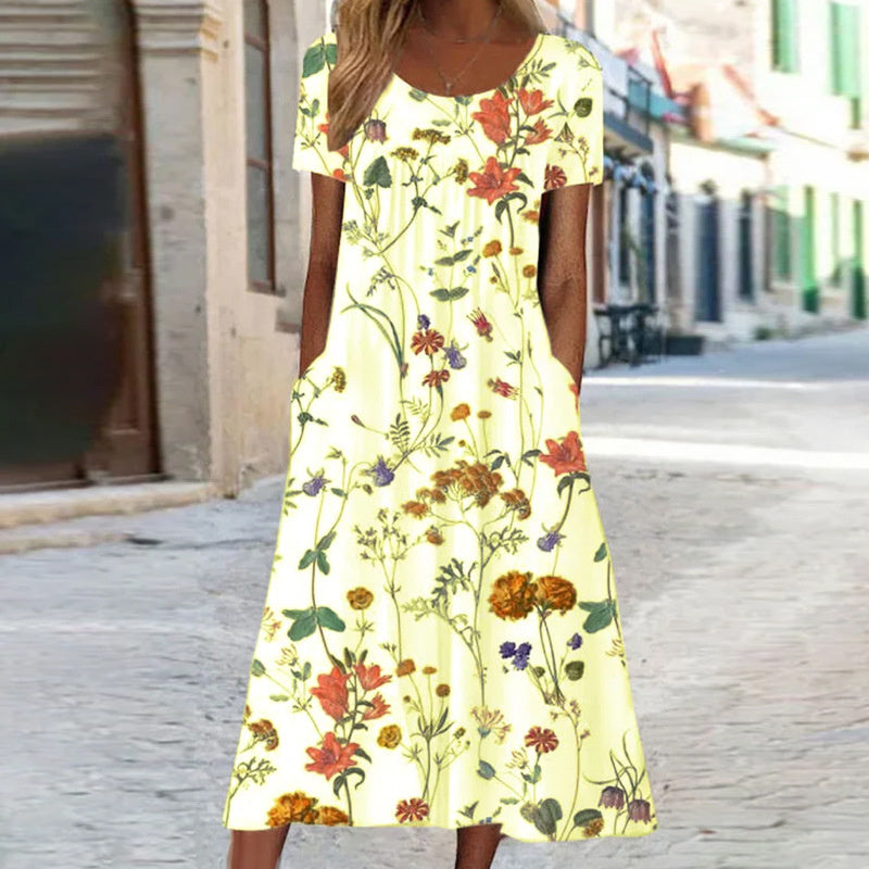 Damen Midikleid | Rundhalsausschnitt mit Blumenmuster und Taschen