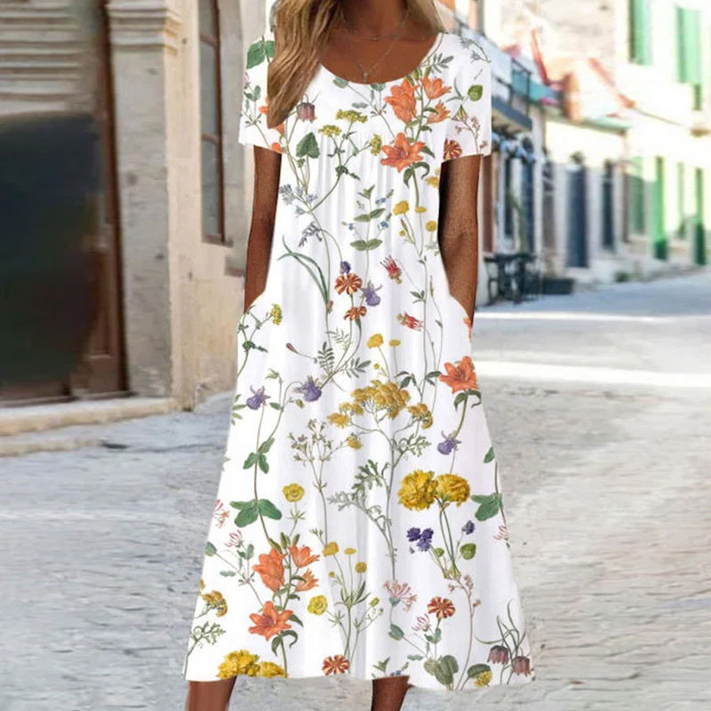Damen Midikleid | Rundhalsausschnitt mit Blumenmuster und Taschen