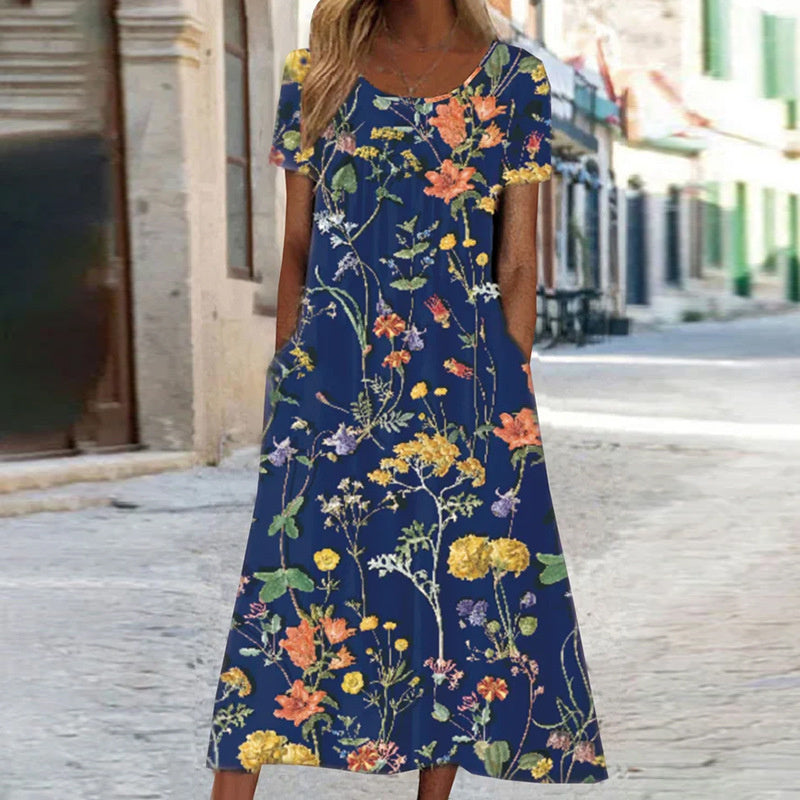 Damen Midikleid | Rundhalsausschnitt mit Blumenmuster und Taschen