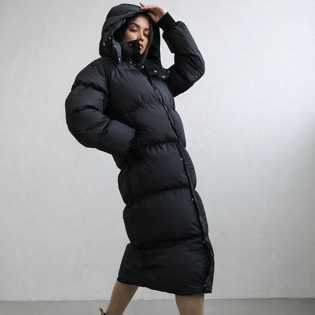 Damen Jacke | lange Ausführung mit Kapuze und Frontverschluss