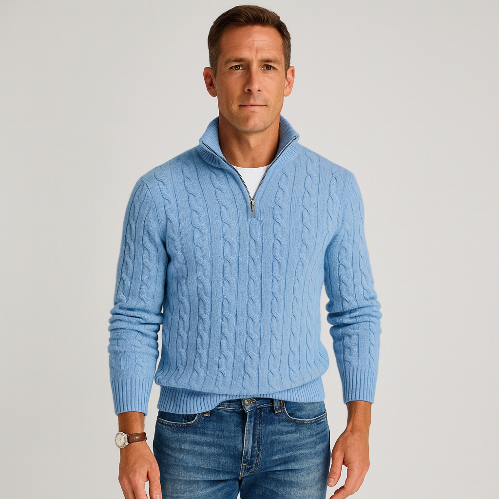 Herrenpullover | Halbzip mit hohem Kragen und Rippbündchen