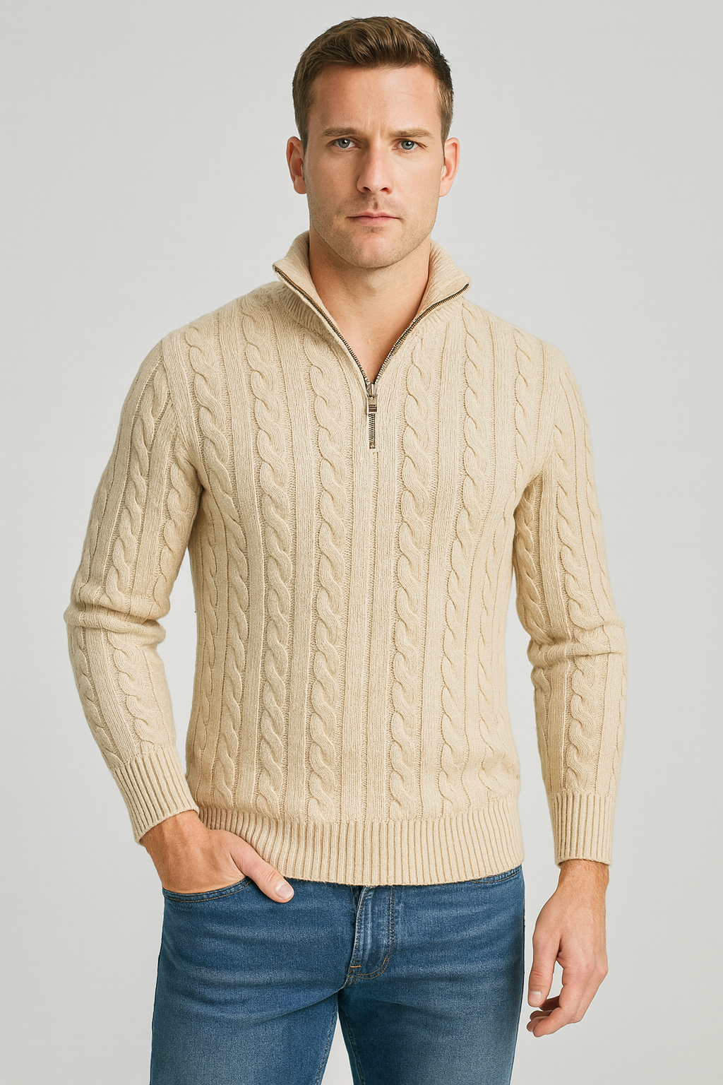 Herrenpullover | Halbzip mit hohem Kragen und Rippbündchen