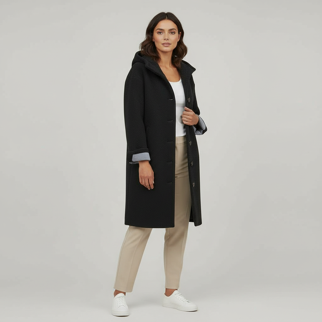 Damen Mantel | lange Form mit Kapuze und klarer Linienführung