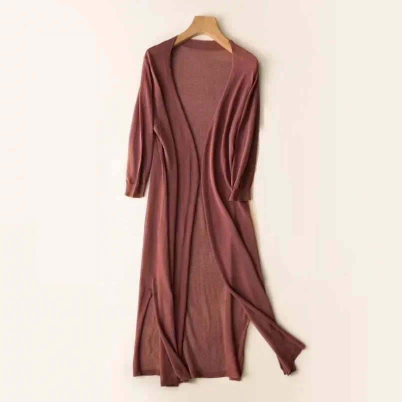 Damen Cardigan | lange offene Form mit Seitenschlitzen