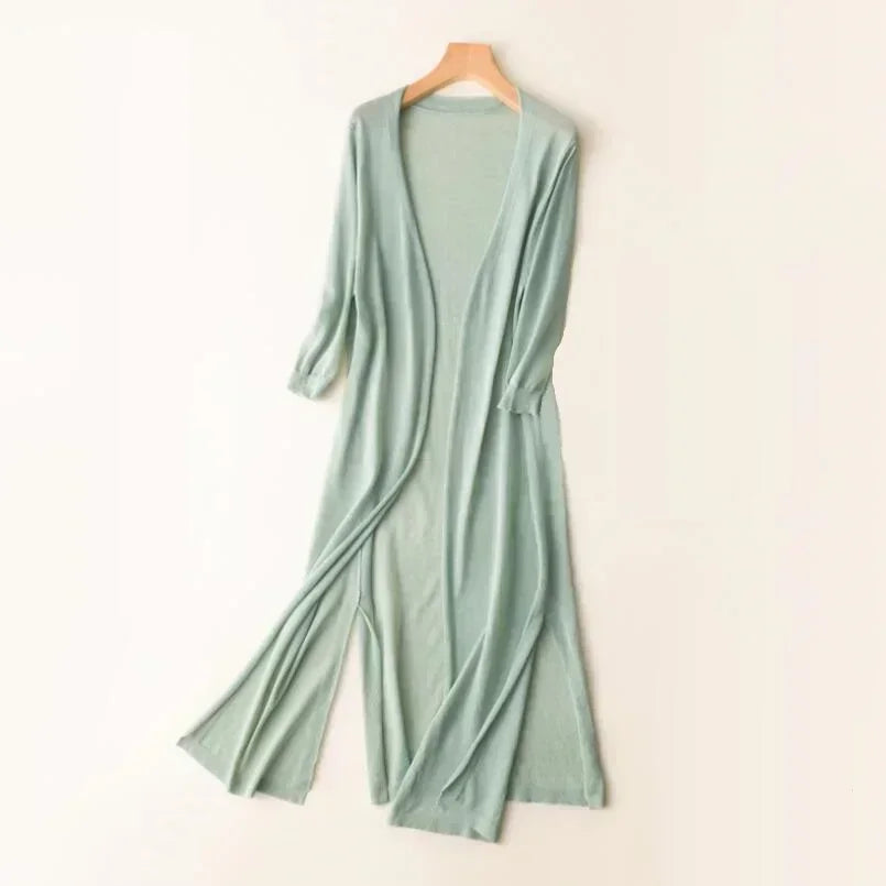 Damen Cardigan | lange offene Form mit Seitenschlitzen