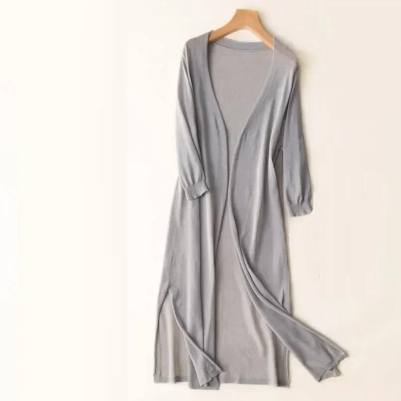 Damen Cardigan | lange offene Form mit Seitenschlitzen