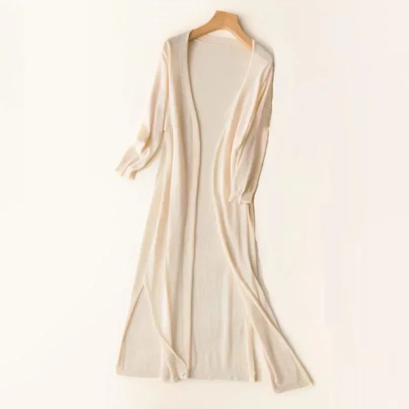 Damen Cardigan | lange offene Form mit Seitenschlitzen
