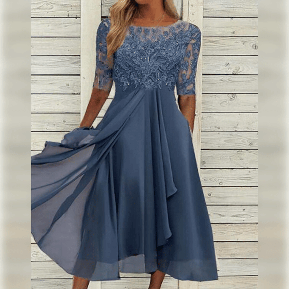 Damen Kleid | Midilänge mit hohem Bund und Rundhalsausschnitt