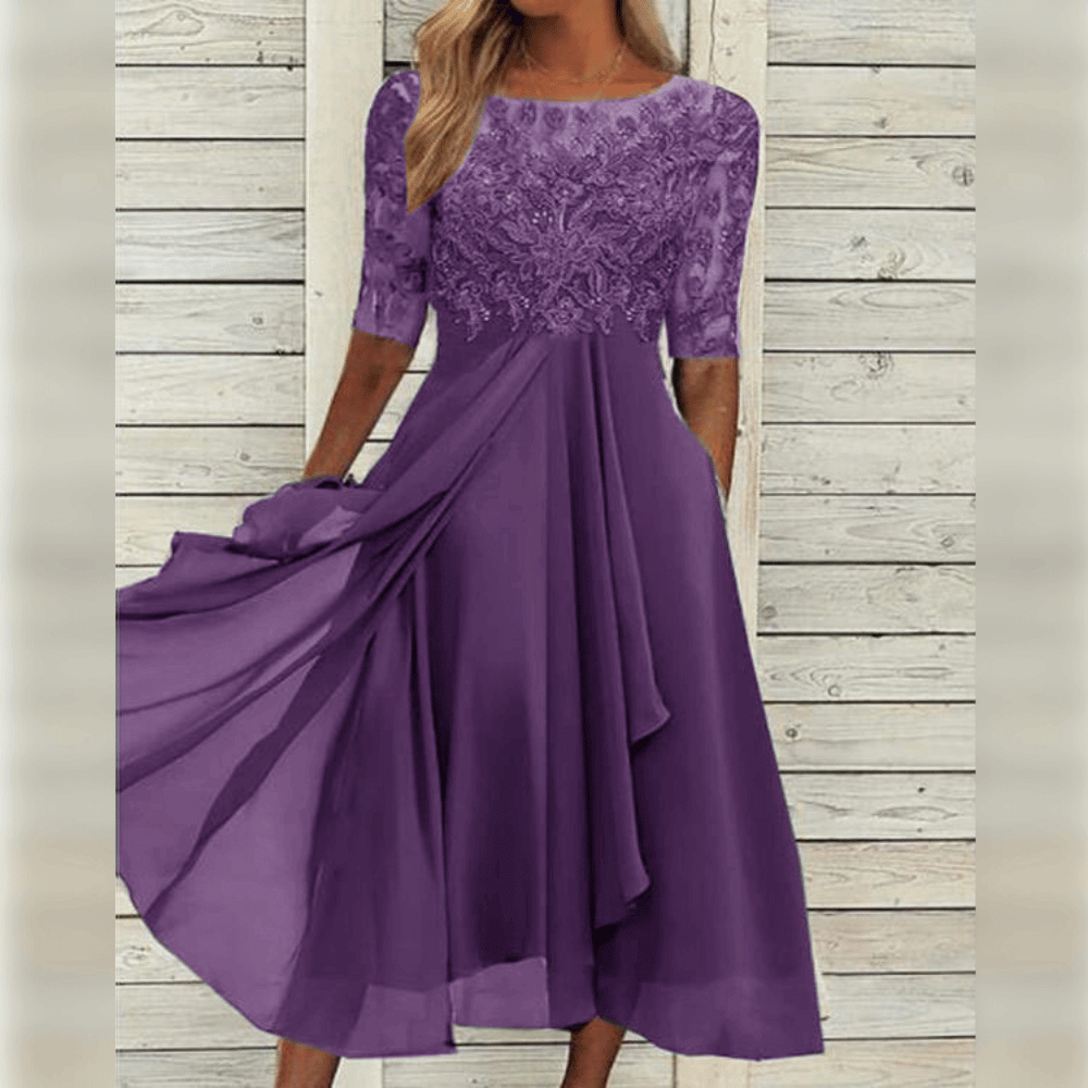 Damen Kleid | Midilänge mit hohem Bund und Rundhalsausschnitt