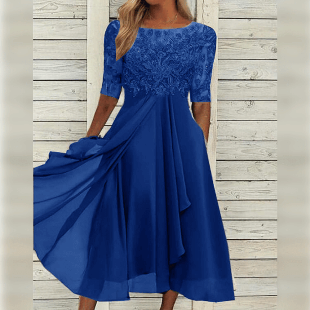Damen Kleid | Midilänge mit hohem Bund und Rundhalsausschnitt