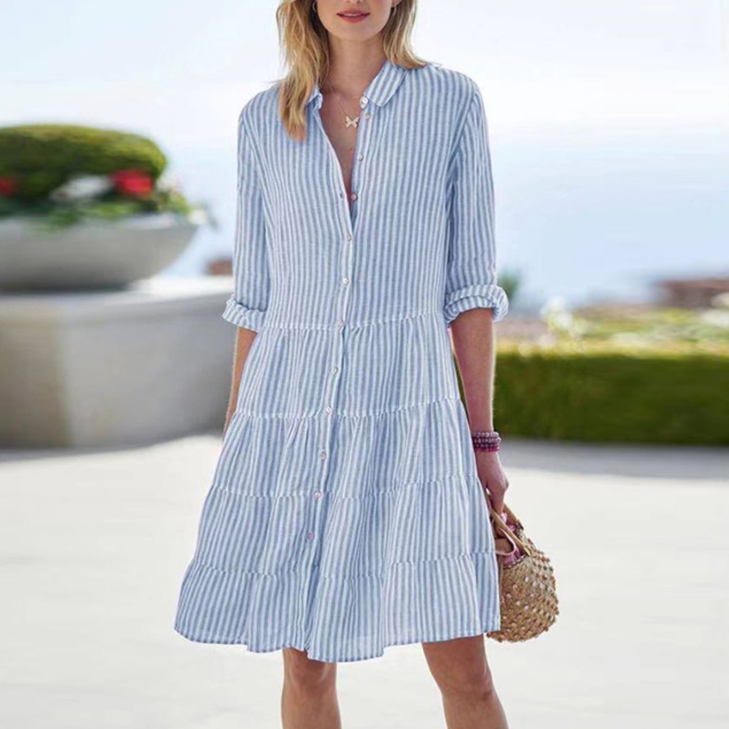 Damen Kleid Mini | dreiviertelärmel und gestreifte Linienführung
