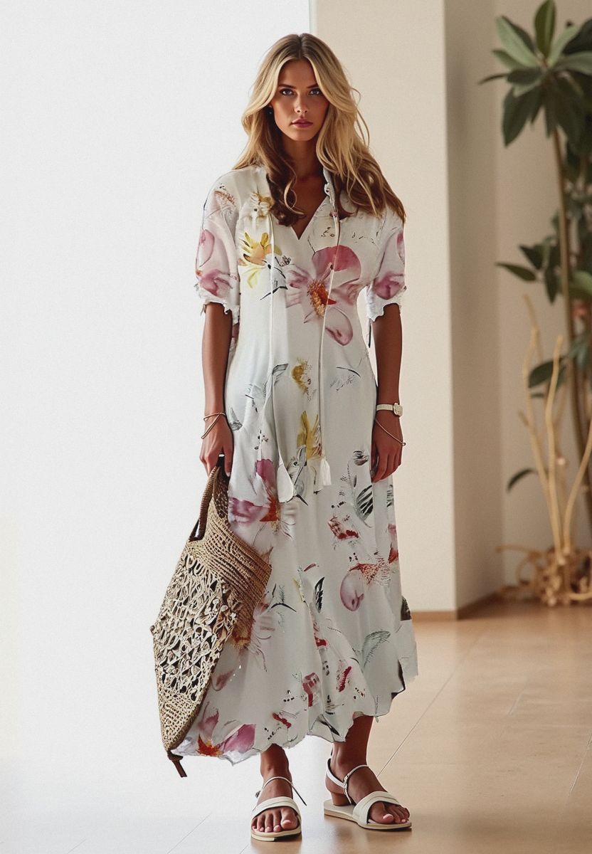 Damen Maxikleid | V-Ausschnitt mit Blütendruck