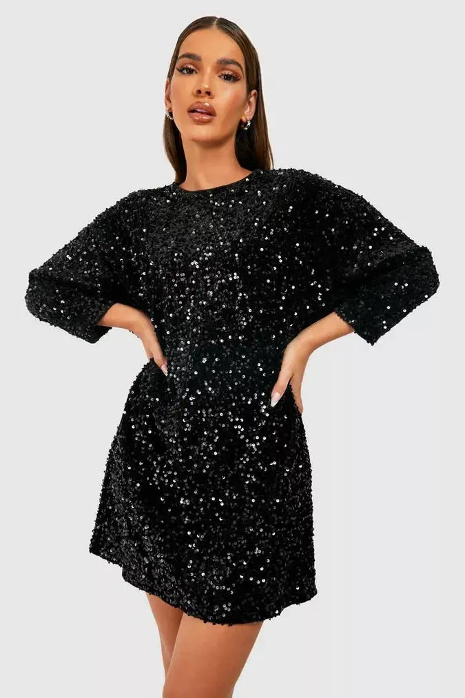Damen Minikleid | Lange Ärmel schlichte Passform kurze Länge