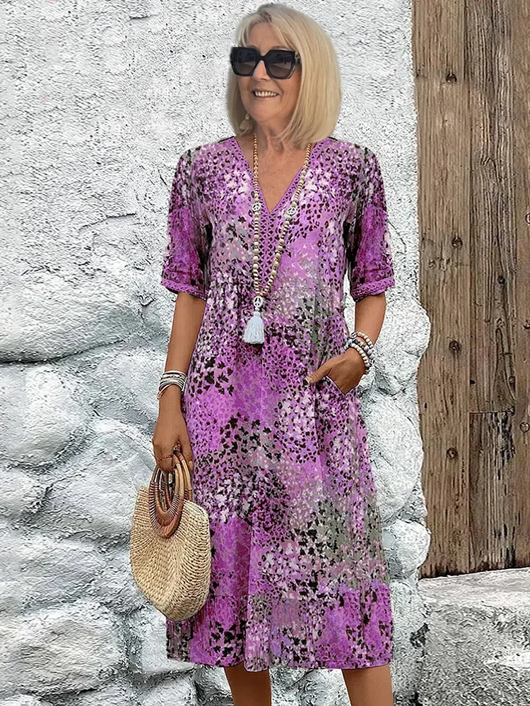 Damen Sommerkleid | V-Ausschnitt mit Muster und Knielänge