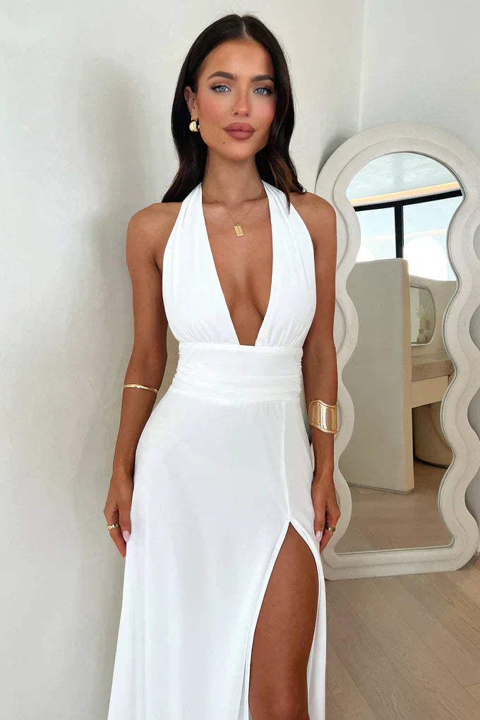 Kleid Damen | Maxikleid mit Halterform und Seitenschlitz