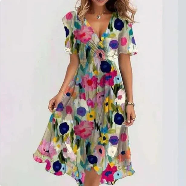 Damen Midikleid | Wickelausschnitt mit Druckmuster