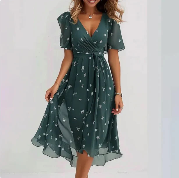 Damen Midikleid | Wickelausschnitt mit Druckmuster