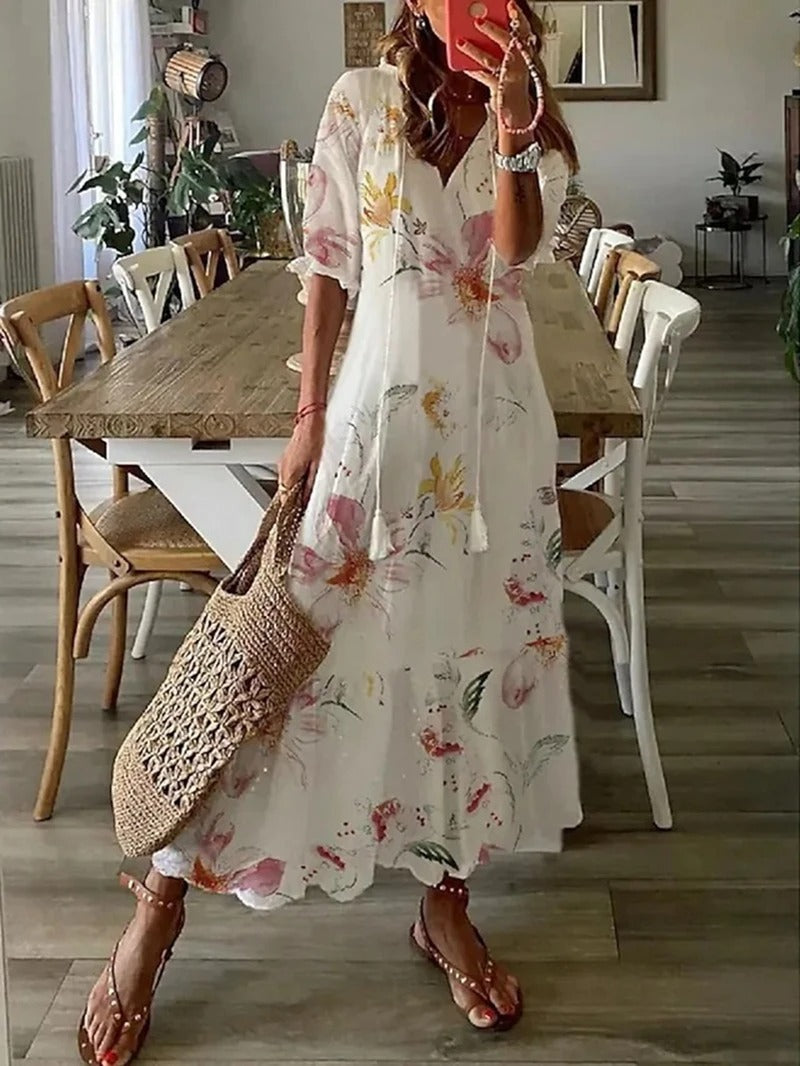 Damen Maxikleid | V-Ausschnitt mit Blütendruck