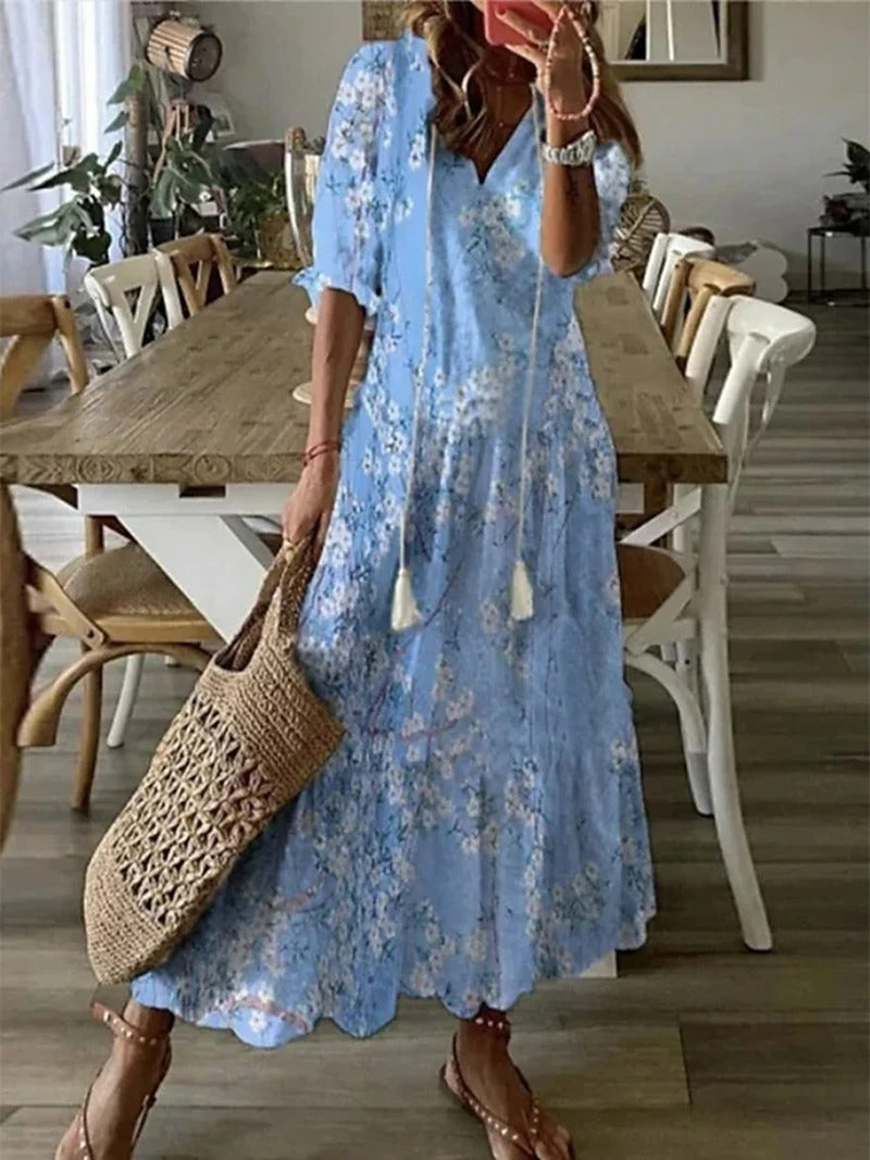 Damen Maxikleid | V-Ausschnitt mit Blütendruck