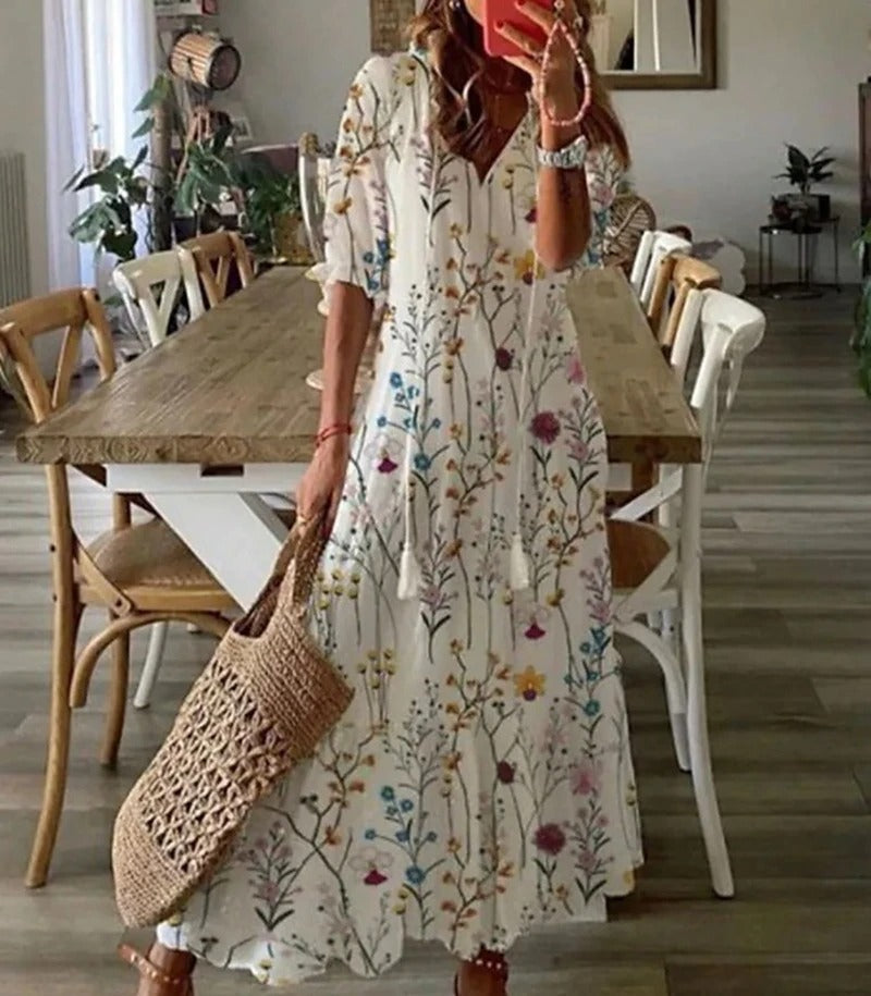 Damen Maxikleid | V-Ausschnitt mit Blütendruck